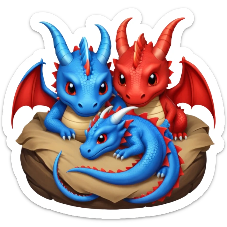 un couple de dragons rouge et bleue trop mignons endormis dans leur tanière. sticker
