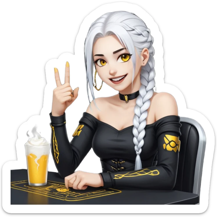 she is laughing the hardest and pounding her fist on the table, a closeup portrait of young woman with gold yellow eyes, white hair, long braid, black off-shoulder top, punk gothic style, futuristic cyberwave cyberpunk, sitting position
 sticker