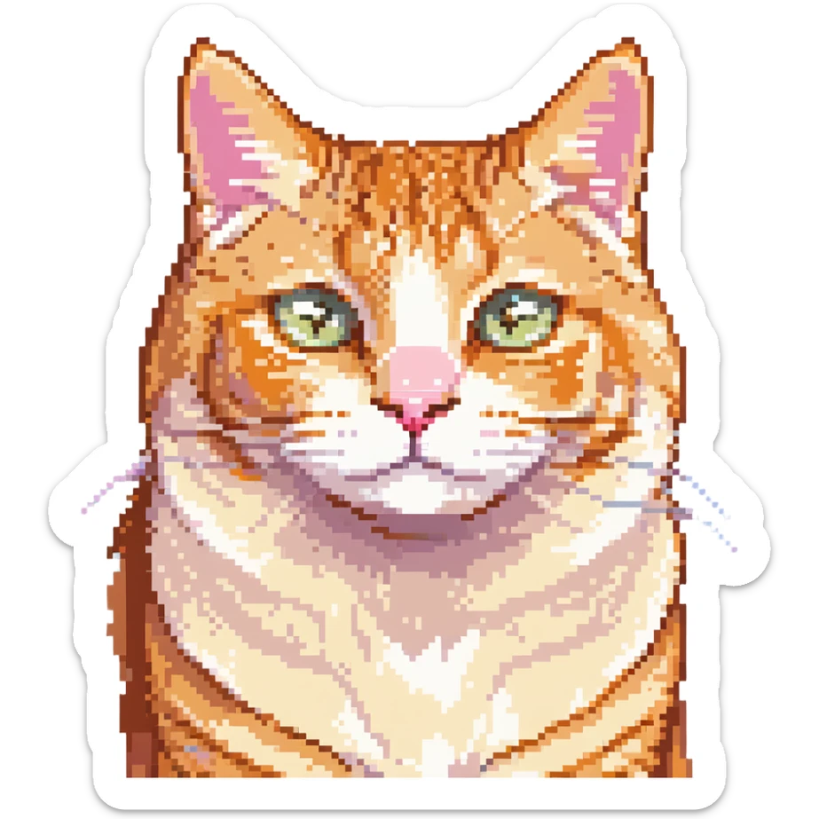 retro pixel art of a cheese-colored tabby cat face, orange and cream fur, big round eyes, pink nose, little smile, front view sticker