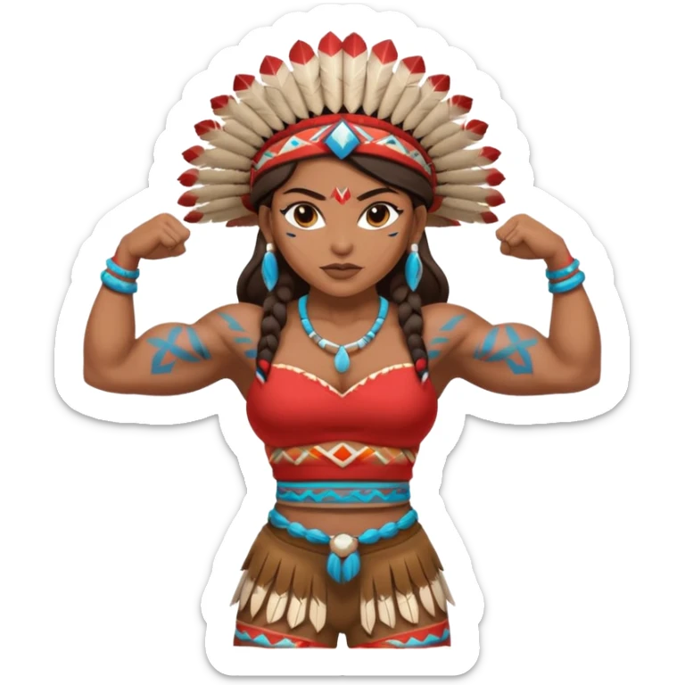 native american brown skin sexy girl, flexing muscles, full body, muscled, with traditional outfit and hat sticker
