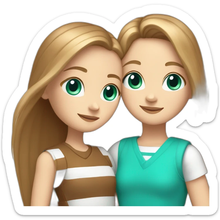 One white girl with long straight light brown hair and turquoise eyes hug girl with a brown square and white stripes near the ears sticker