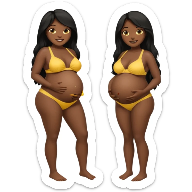 Dark black skin, african black Woman with huge pregnant belly, long hair, yellow bikini, bare midriff, full body, side view, smiling. sticker