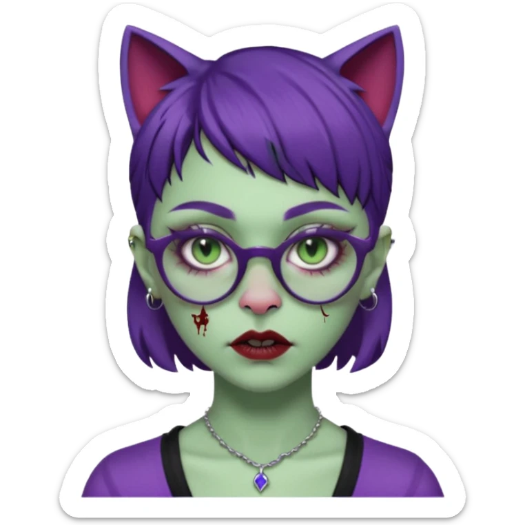 Una mujer zombie con perforacion en la nariz y perforación Madonna, lentes tipo ojo de gato, fleco pequeño y cabello largo morado oscuro  sticker