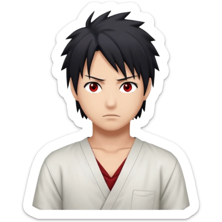 Sasuke Uchiha. White low cut shirt, dark hair, Sasuke hair, red eyes sticker