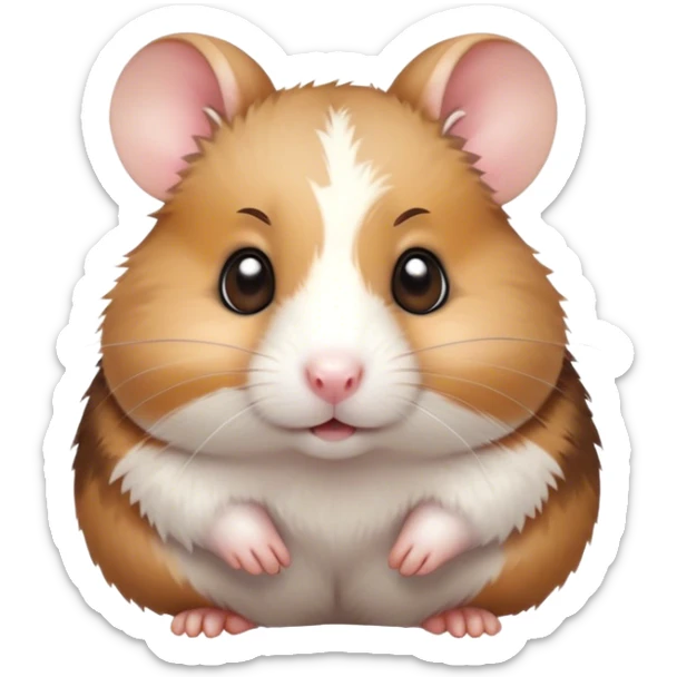 Cinematic Cute Brown and White Banded Hamster Portrait Emoji, Head tilted playfully and inquisitively, showcasing a fluffy coat with playful brown and white banded patterns, round, sparkling dark eyes filled with curiosity, Simplified yet irresistibly adorable features, highly detailed, glowing with a warm, friendly glow, high shine, affectionate and lively, stylized with a touch of whimsy, bright and endearing, soft glowing outline, capturing the essence of a mischievous yet loving hamster, so playful it feels like it could dash out of the screen and into your arms! sticker