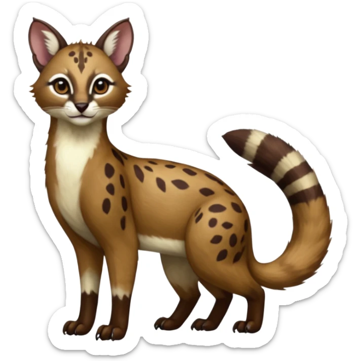 Colorful dark chocolate-brown tropical beige fur glorious divine exotic cute cool beautiful shiny beautiful fantasy-caracal-civet-genet-sergal-vernid-Cacomistle-oncilla-animal-hybrid-fursona with white deer-spots pattern markings (full body) sticker