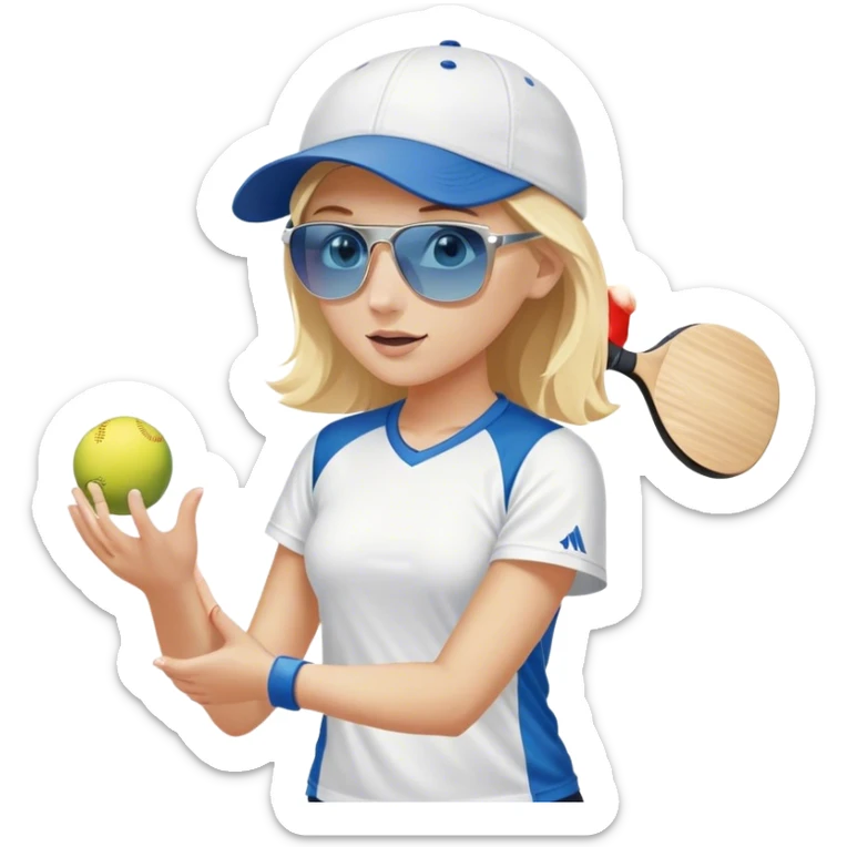 Girl with blond hair and blue eyes wearingp a white baseball cap and sunglasses playing pickleball sticker