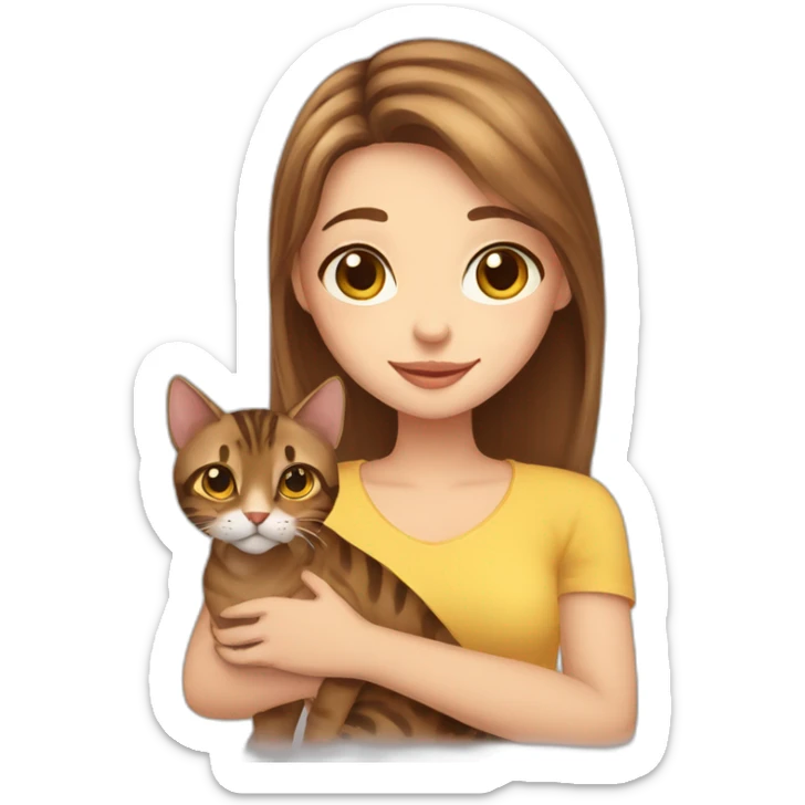 a beautiful girl with blue eyes and brown hair is holding a Bengal cat with yellow eyes in her arms sticker