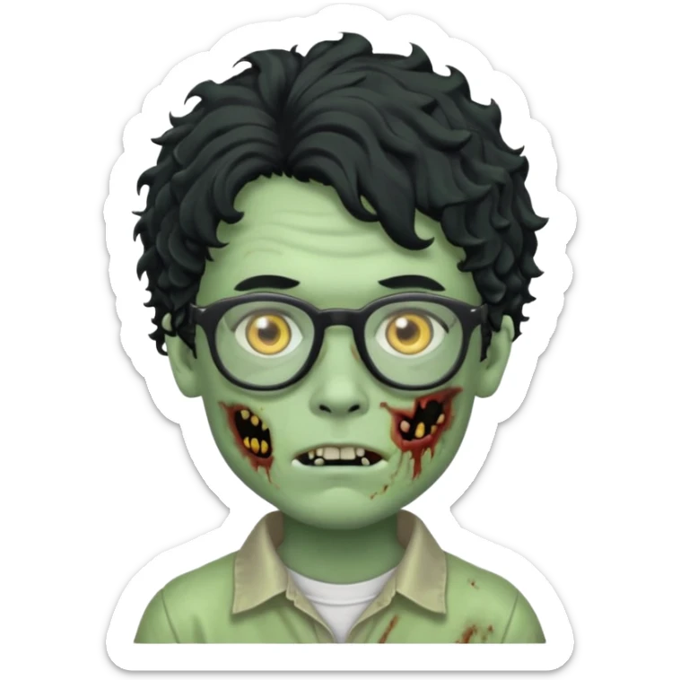 Draw a zombie boy with curly, wavy hair, glasses, and a mullet. sticker