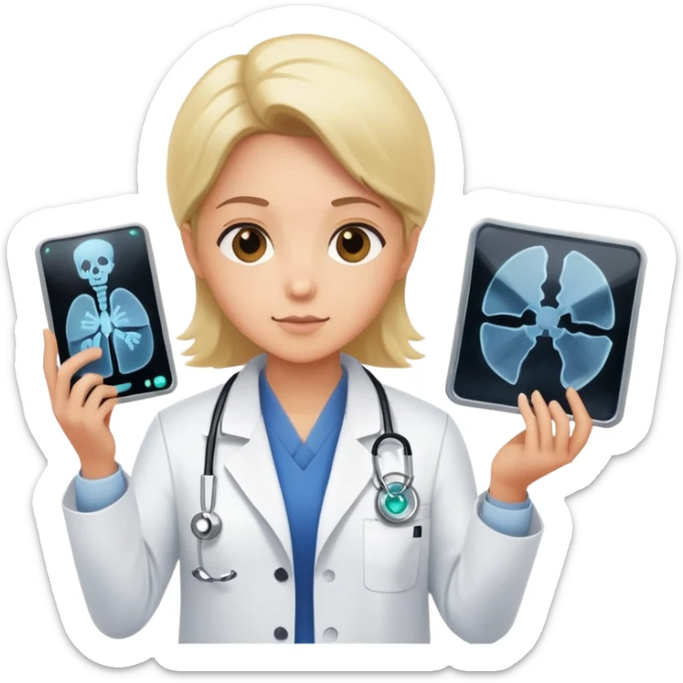 A medical professional in a white lab coat examining an X-ray film, wearing a radiation badge sticker