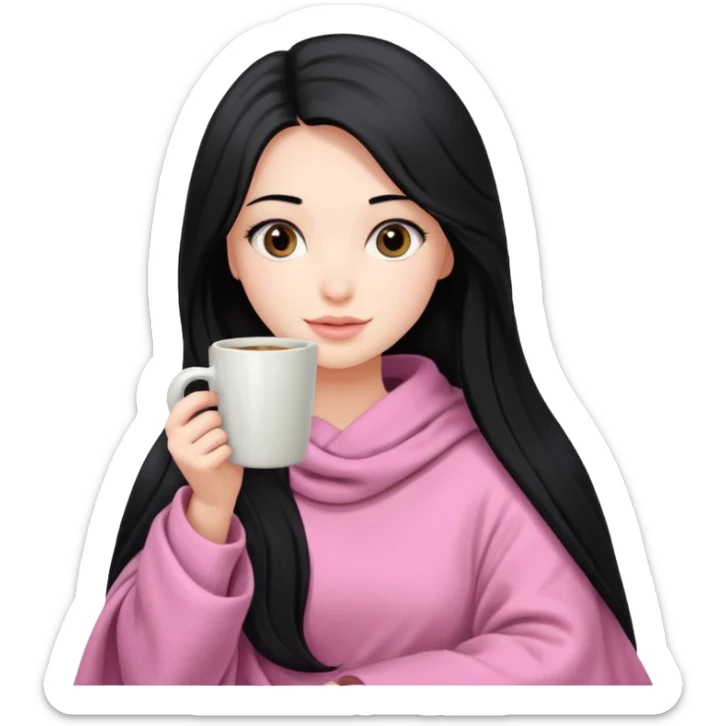 pretty girl with very long black hair, in a pink blanket, holding a coffee mug sticker