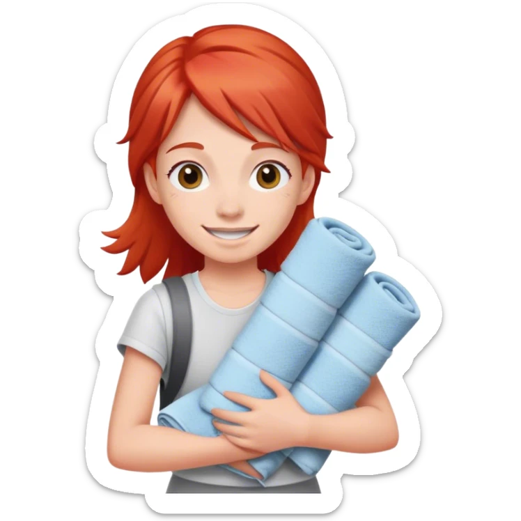 cheerful teenager on the road with red hair carrying a stack of towels in her arms sticker