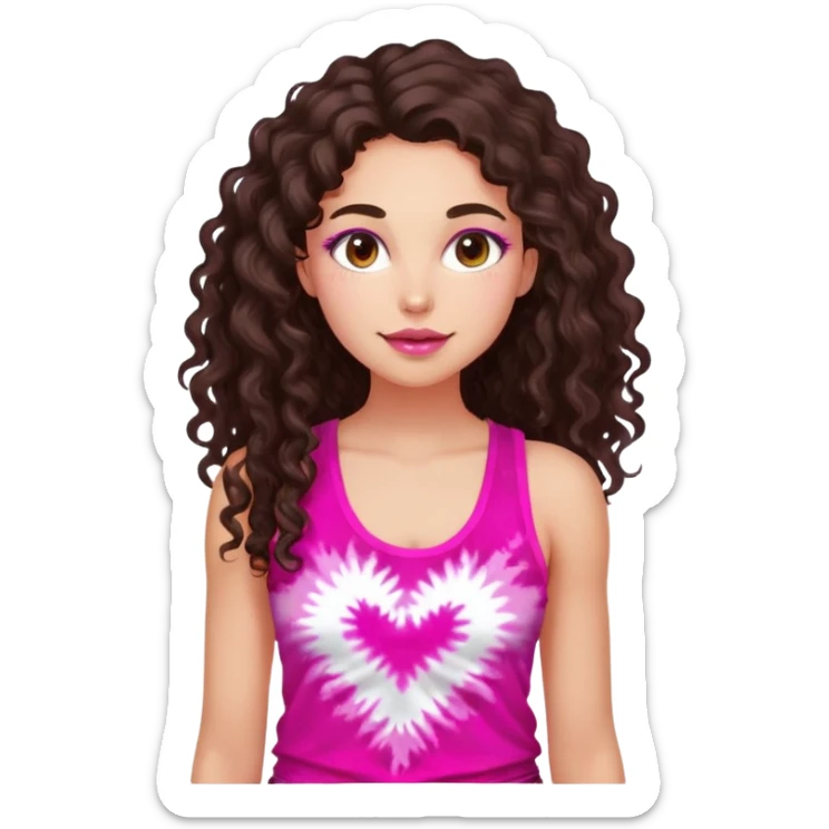 Young adult woman with luminous fair skin, long dark brown curly hair, large almond dark brown eyes, thick lips, wearing bright pink tie-dye tank top, warm friendly expression sticker