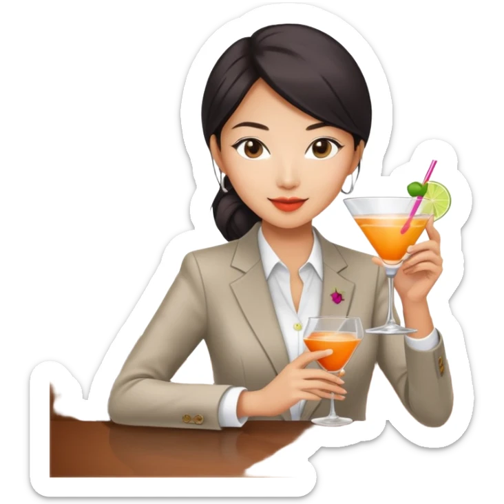asian women business casual clothing, holding cocktail glass socializing at a work party sticker