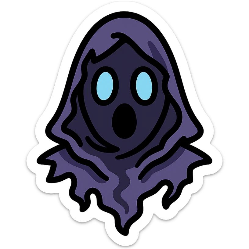 vector emoji of a dark, ethereal, faceless head with a torn, ruffled hood, made of smoke and shadow, flat colors, surprised expression created by light and shading passing through the hood, mysterious and resembling Death sticker