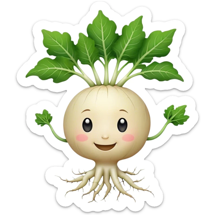 white turnip with cute smiling baby-like face and leafy stalk and cute spindly roots for hands sticker