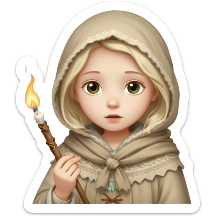 A small girl in a worn winter dress and shawl, holding a glowing matchstick close to her face, eyes wide with soft hope.
 sticker