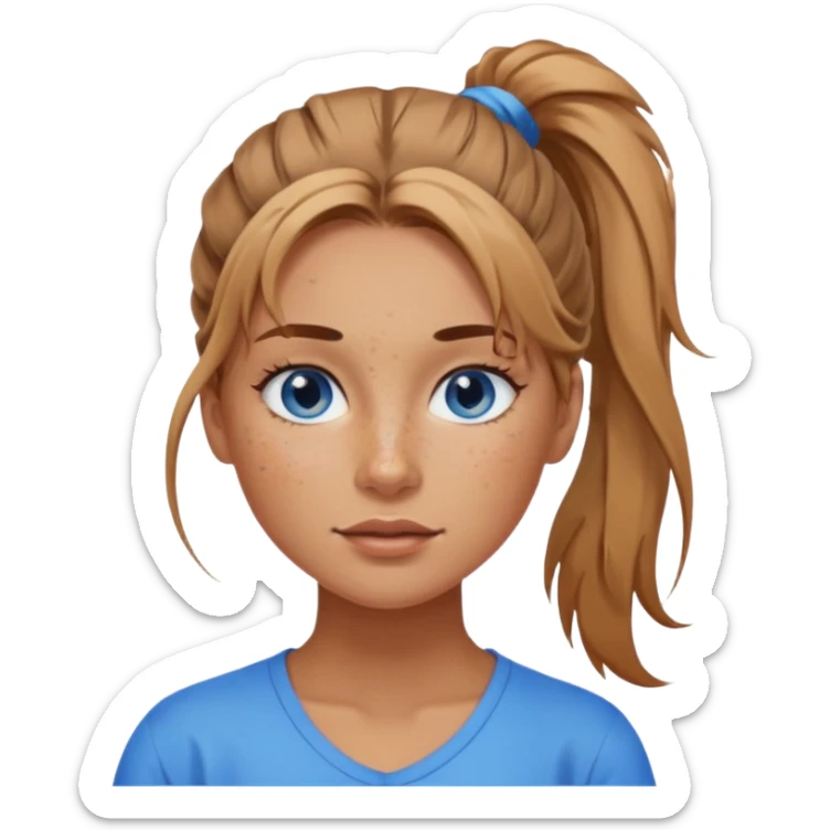 Attractive Woman with tan skin, blue eyes, wide face, freckles, and a messy ponytail  sticker