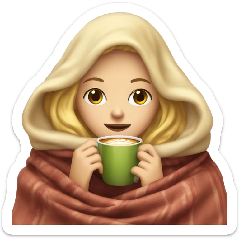 blonde girl inside a blanket sipping coffee eyes closed sticker