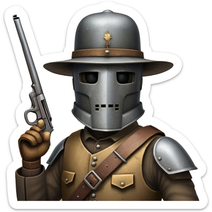 Cinematic Realistic Ned Kelly Portrait Emoji, depicted as the legendary Australian bushranger in his iconic homemade iron helmet and armor, gripping a revolver with a defiant stance. The scene is rendered with gritty textures and dramatic, shadowed lighting, evoking the lawless frontier and his rebellious, fearless legacy. sticker