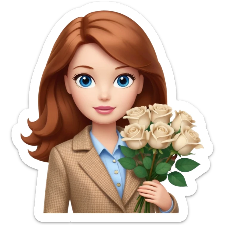 A Barbie girl with blue eyes, shoulder-length reddish-brown hair, made-up, wearing a beige tweed jacket and a beige skirt, with a bouquet of white roses sticker