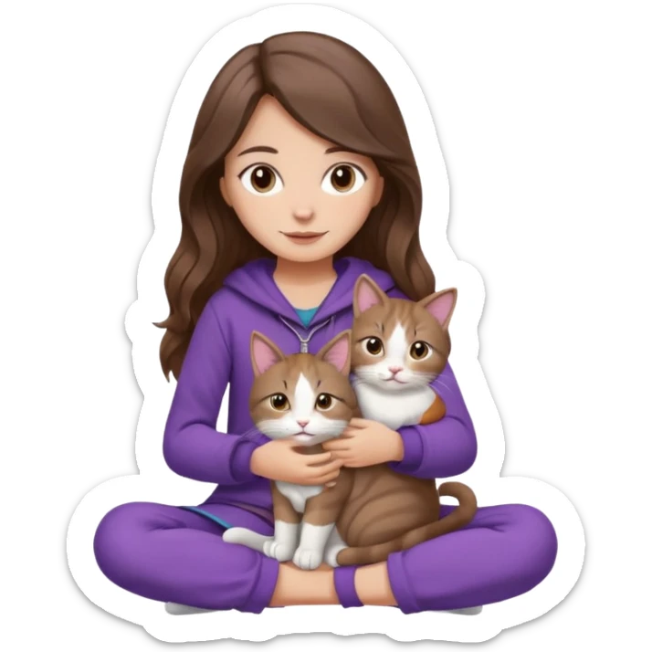 a warm calm girl with long wavy brown hair, soft brown eyes, cozy purple clothes, sitting cross-legged, holding a tricolor cat (brown, white, and grey), iOS emoji style, soft lighting sticker