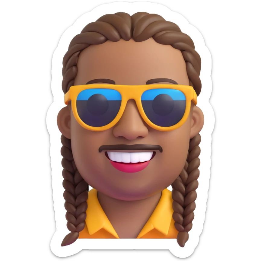 Stevie Wonder as an emoji, smiling, wearing sunglasses and a braided hairstyle sticker