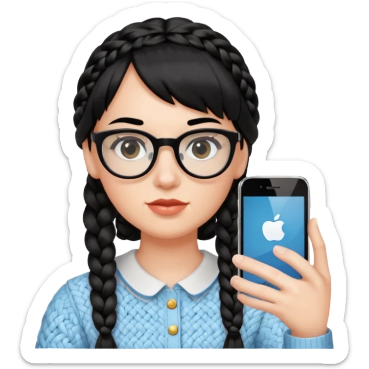 Black hair braided to one side, bangs, horn-rimmed glasses, and taking mirror selfies with iPhone white. Holding a phone to show the iPhone logo sticker