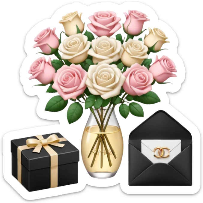 Cute white aesthetic emoji stickers set, including roses bouquet, engagement ring box, envelope with flowers, Chanel perfume, 3D render, glossy texture, delicate details, minimalist background, sticker style,  sticker