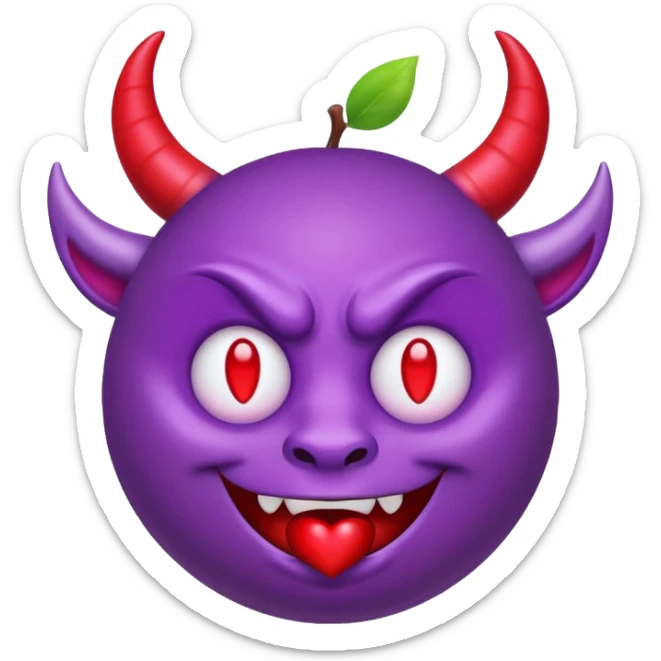 Purple demon emoji with red hearts for eyes, apple emoji, circular head with horns sticker