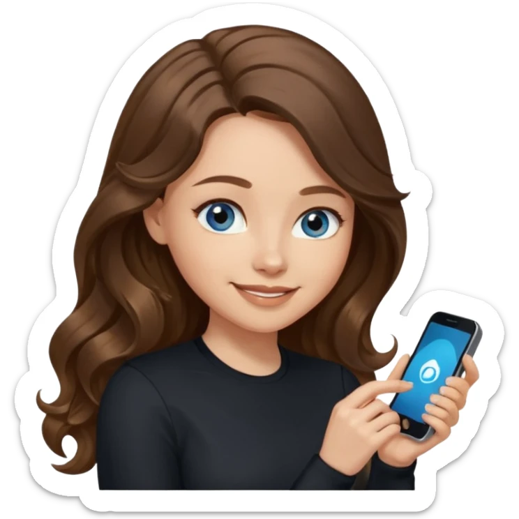 generate a pretty woman with blue eyes, light skin and long and really wavy shiny medium brown hair holding a phone while looking down at the screen. she is wearing an ALL black long sleeve. she is smiling sticker