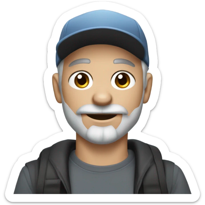 blue eyed man, with grey hair,  grey goatee, wearing ball cap, holding long hair black chihuahua sticker