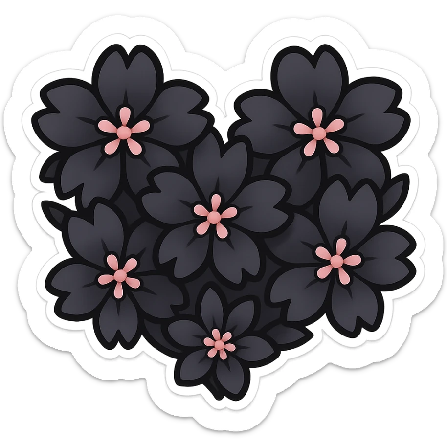 goth sakura heart, heart made of black sakura petals with pink accents, adorable and bold sticker