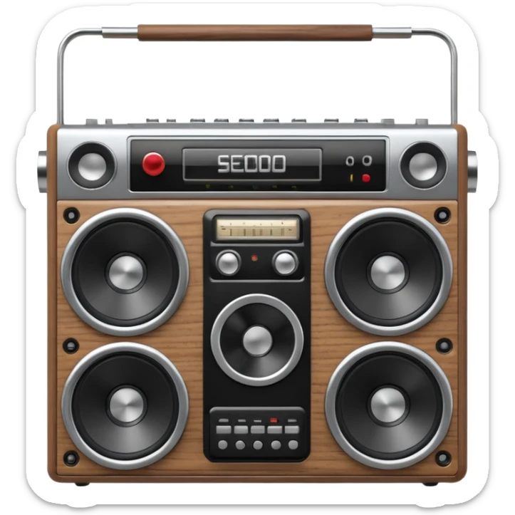 3D render of Boombox, vintage 1980s audio equipment aesthetic, tactile analog buttons, silver chrome body with black speakers, mixed wood grain and brushed aluminum textures, Apple emoji style, isolated on white background --v 6.0 sticker