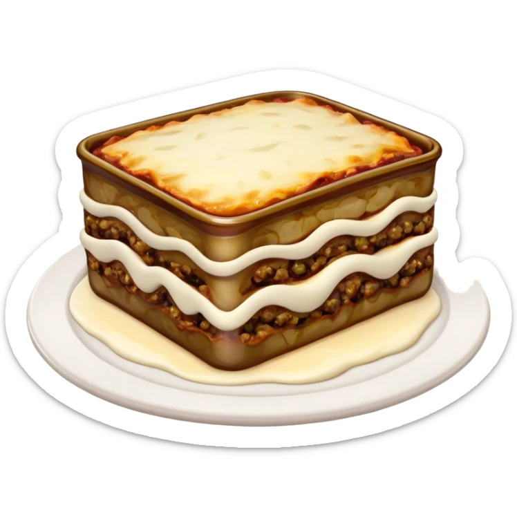 Cinematic Realistic Moussaka Dish Emoji, depicted with layers of eggplant, minced meat, and b√©chamel sauce rendered with rich textures and warm, inviting lighting that captures its Mediterranean flavor. sticker
