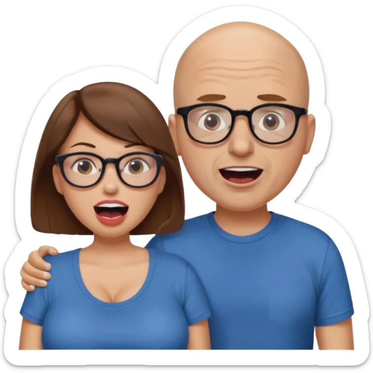 Woman kneeling with very large boobs, t-shirt, brown hair and mouth wide open. Bald man with glasses standing next to woman. sticker