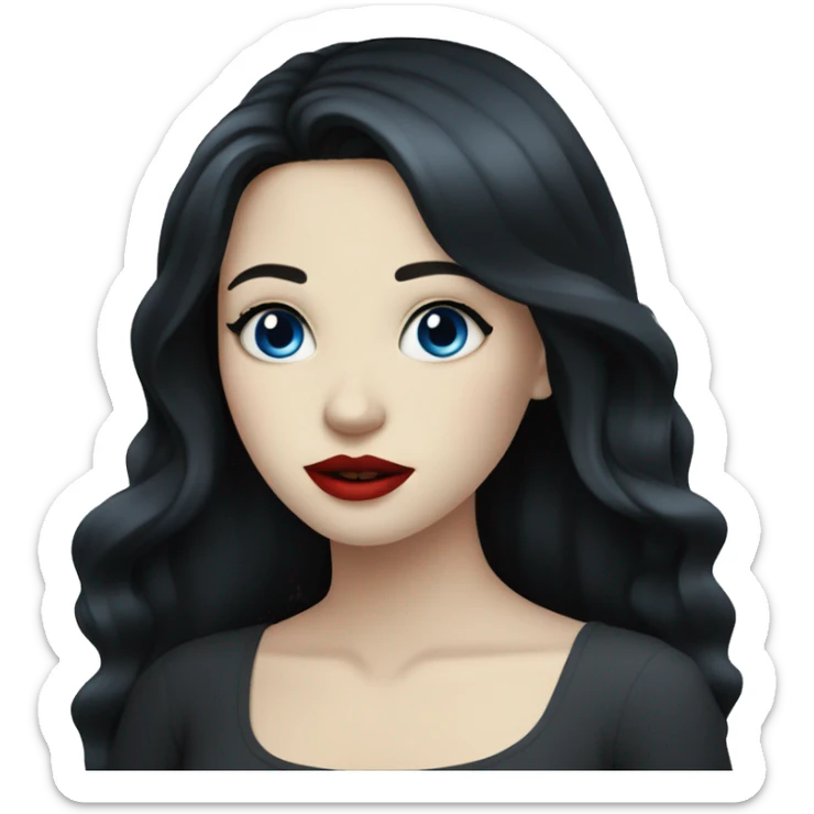 A girl with pale skin, long black hair and blue eyes, with red lips sticker