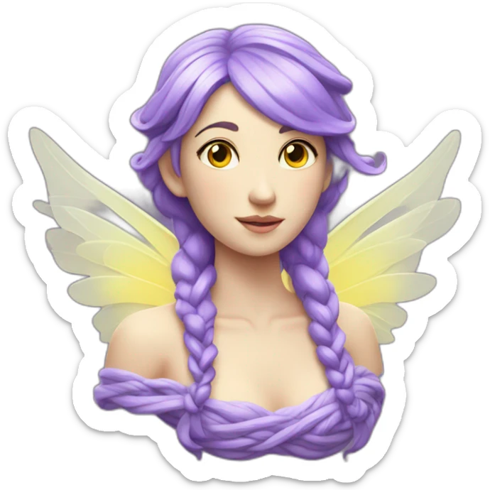 bust of a pale fairy with purple hair in a cascading braid and translucent yellow wings sticker