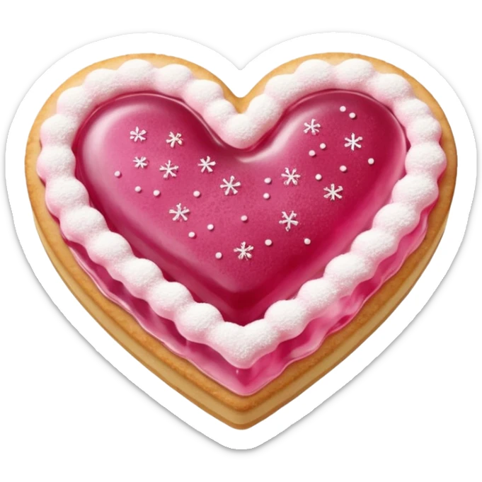 Realistic shortbread cookie in the shape of a heart with pink jelly middle filling and sprinkled powder sugar on top. sticker