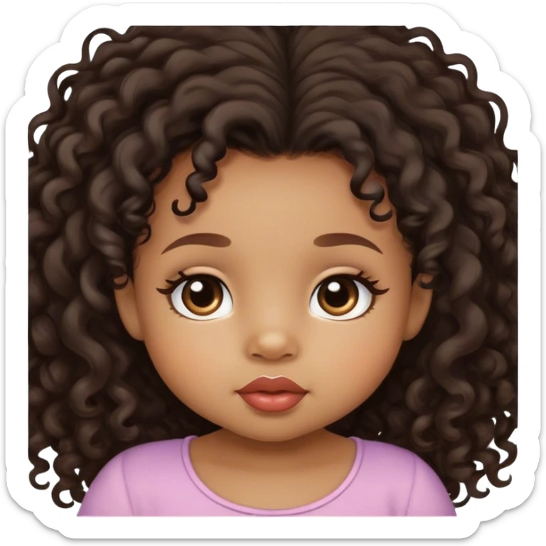 light brown skin tone, very adorable toddler, with big plump lips, long long lashes, black curly long hair, brown eyes sticker