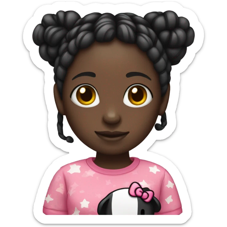 A dark skin girl with black knotless braids and a hello kitty shirt holding a thumbs ip sticker