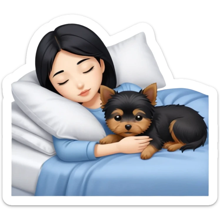 pretty asian girl with black hair sleeping in bed with small yorkshire terrier sticker
