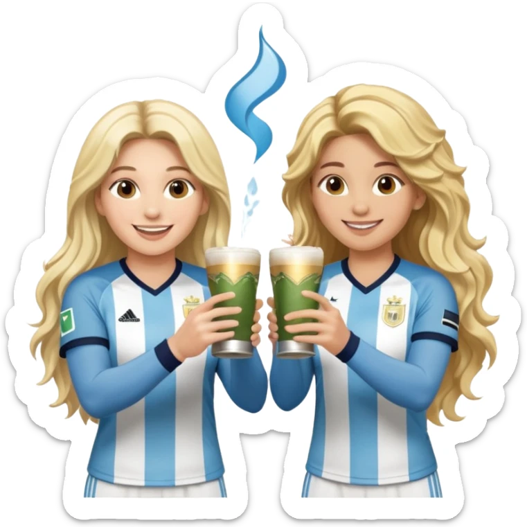 Lionel Messi in Argentina jersey and Shakira in stage clothes, smiling at each other, each holding a traditional yerba mate cup, making a cheerful toast, Shakira with long wavy blonde hair, emoji style, cute and fun, with sparkles sticker