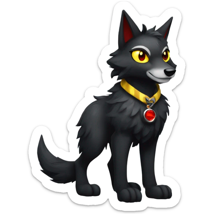 black Shiny Fionbri-Falvie-sparkle-wolf-sona with yellow eyes, red edgy markings full body fursona sticker