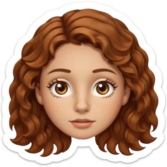 girl with light skin, hazel eyes, wavy brown hair, freckles, eyelashes, button nose sticker