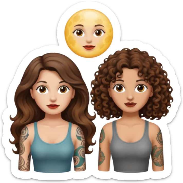 moon color change — long wavy brown hair tattooed woman and short tight curly brown hair woman — alarmed sticker