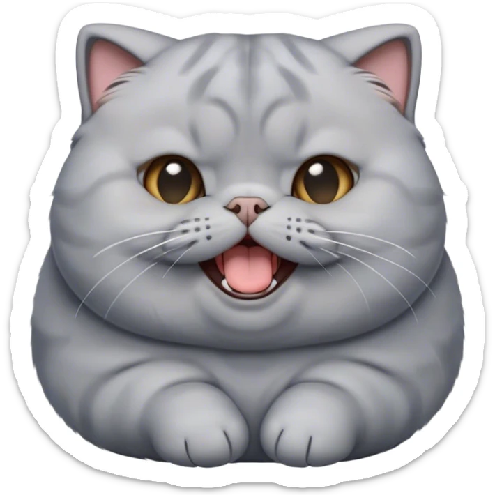 Cinematic Cute Chubby Grey Scottish Fold Cat Portrait Emoji, Adorable folded ears framing its round face, head tilted playfully and yawning, round and plump body with sleek soft grey fur and subtle blue undertones, Simplified yet adorable features, highly detailed, glowing with a warm, friendly glow, high shine, curious yet calm, stylized with a touch of whimsy, bright and endearing, soft glowing outline, capturing the essence of a mischievous yet loving and lazy kitty with those signature folded ears, so cute it feels like it could stretch out of the screen and cuddle! sticker