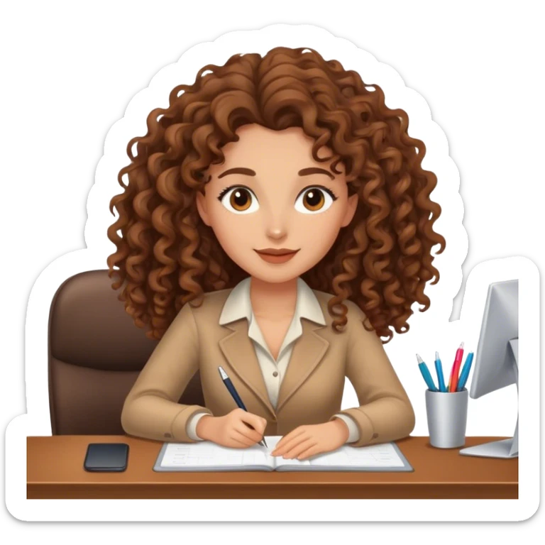 Beautiful woman working at a desk. Her hair is brown long and curly. She is in love sticker