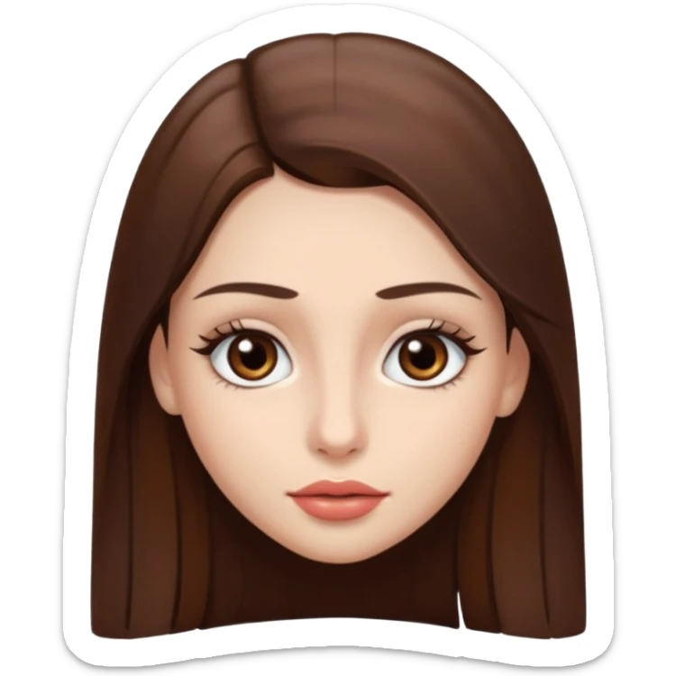 Una chica con piel muy clarita con pleo liso largo de color castaño y unos ojos marrones oscuro y labios grandes y nariz bonita y con unas pestañas sticker