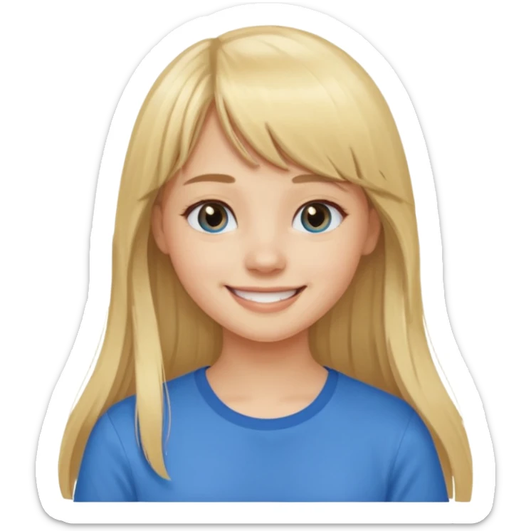Menina branca de cabelo loiro longo de franja na testa sorrindo  sticker